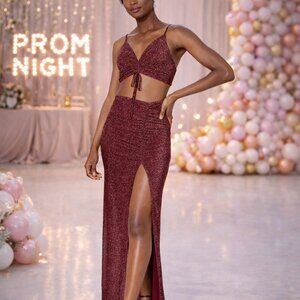 Xtraordinary Wine Glitter 2Pc Prom Formal Dress High Slit NWT Size 7